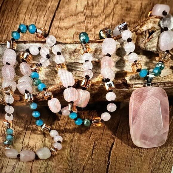 Bohemian Natural Pink Quartz Pendant Necklace | Handcrafted Rock Crystal Beads - Picture 1 of 10